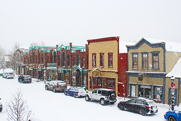 The Victorian storefronts on Main Street, Breckenridge, on a snowy day.