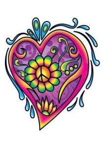 A drawing of a heart shape filled with flowers and a peace sign.