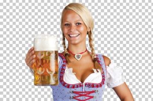 A lady wearing a dirndl and holding a stein of beer.